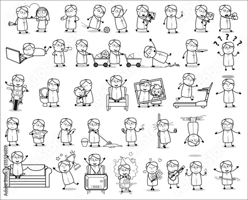 Priest Monk Character Drawings - Set of Concepts Vector illustrations