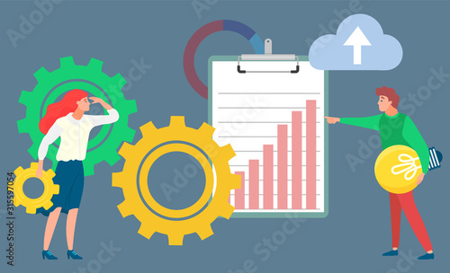 Clipboard with growing chart vector, woman holding cogwheel and man with electric bulb idea. Cloud with arrow, business data and stats development