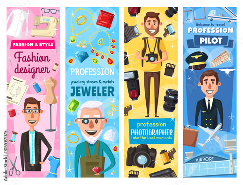 Jeweler goldsmith and fashion designer tailor, photographer and pilot profession people. Vector jewelry gemstones, aviation plane and airport, photo camera and films, tailoring scissors and threads