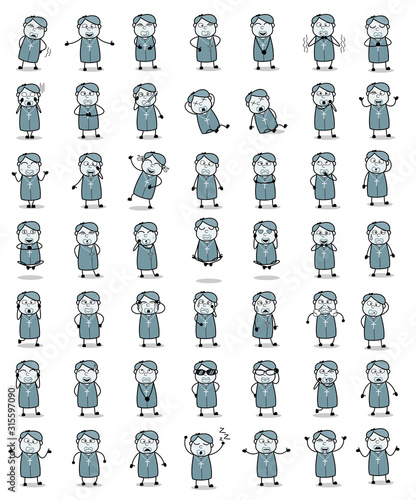 Collection of Vintage Priest Monk Poses - Set of Concepts Vector illustrations
