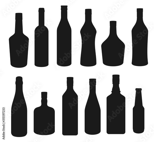 Alcohol drinks bottles silhouette icons, beverages bar menu symbols. Vector isolated vodka, Irish or Scotch whiskey and wine, cognac with absinthe, tequila and bourbon or beer bottles