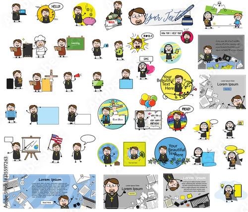 Religious Cartoon Priest Monk - Set of Concepts Vector illustrations