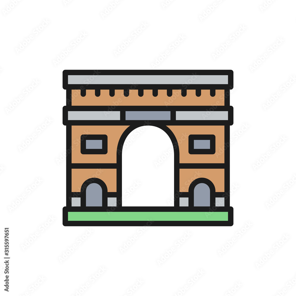 Fototapeta premium Triumphal Arch, landmark of Paris, France flat color line icon.