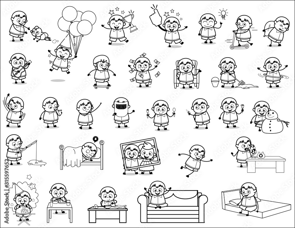 Drawing Art of Cartoon Fat Boy - Set of Concepts Vector illustrations Drawing Art of Cartoon Fat Boy - Set of Concepts Vector illustrations