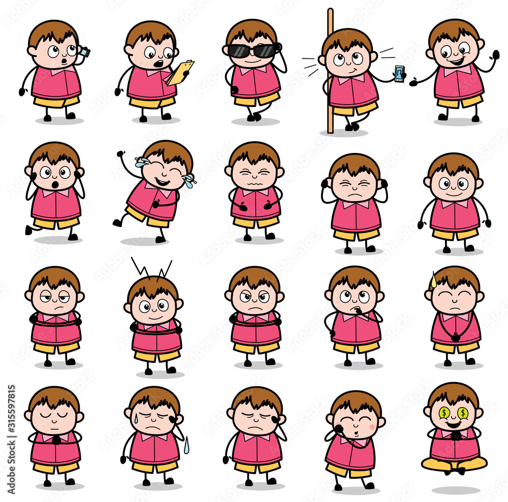 Collection of Cartoon Fat Boy Poses - Set of Concepts Vector illustrations