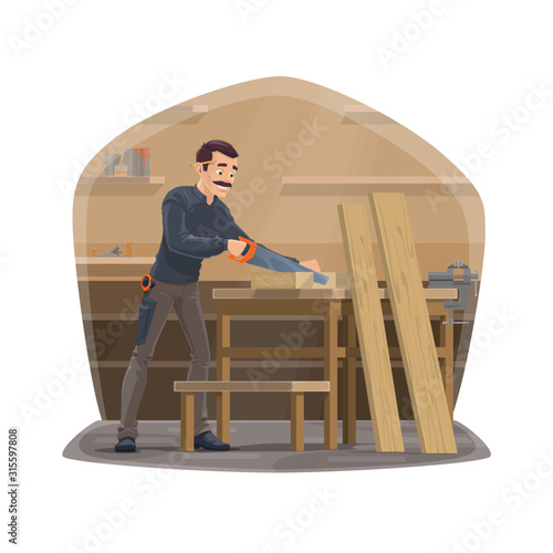 Carpenter profession, carpentry woodwork tools. Vector carpenter man in workshop standing and sawing wood and timber planks with saw, chisel plane, vise and ruler carpentry equipment at desk table