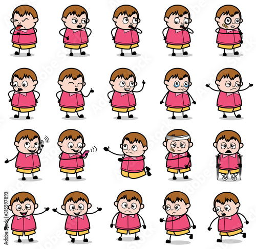 Lots of Poses with Cartoon Fat Boy - Set of Concepts Vector illustrations