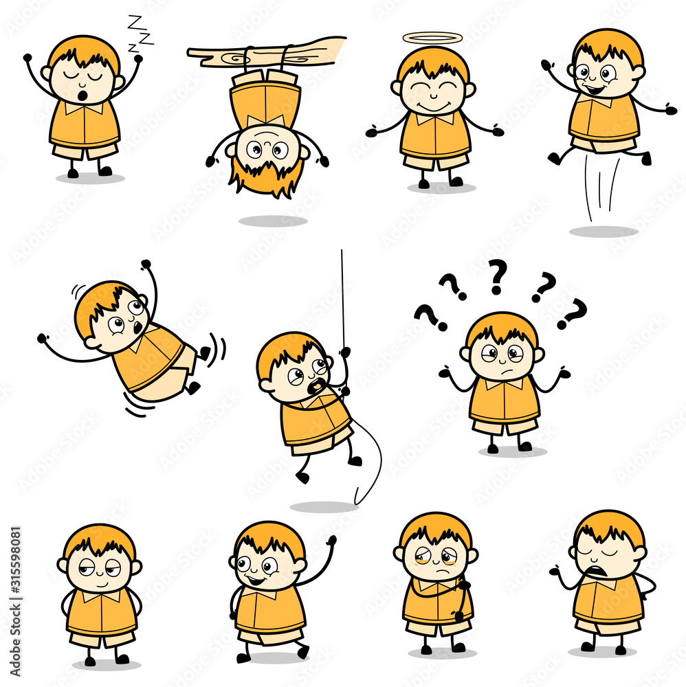 Fototapeta premium Different Poses of Fat Boy Character - Set of Vintage Concepts Vector illustrations
