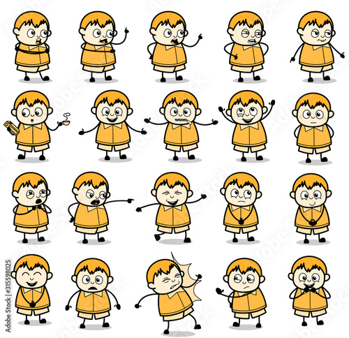 Cartoon Fat Boy Poses - Set of Vintage Concepts Vector illustrations