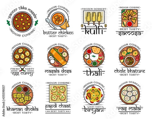 Indian restaurant menu icons, traditional India authentic cuisine food and cafe signs. Vector Indian meal vegetarian vegetables, desserts and curry rice, tandoori meat and fish, pastry and naan bread