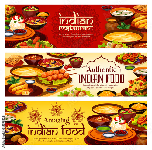 Indian restaurant menu, traditional India cuisine food banners. Vector Indian meal banners, vegetarian vegetables with curry rice, meat and fish with masala tandoori plate