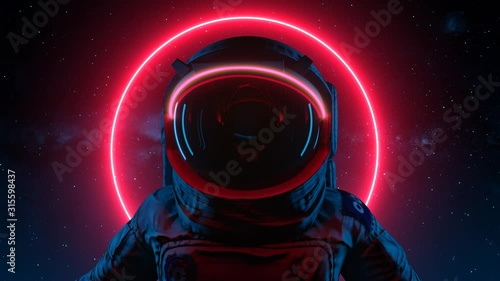 Astronaut In Search Of New Planets In Space. Neon Glowing Lights. Space Background. Seamless Loop