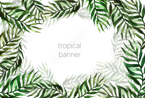 Tropical leaves horizontal banner  trendy Summer tropical leaves. Exotic and tropic background design. Composition with palm leaves watercolor universal background with place for text.