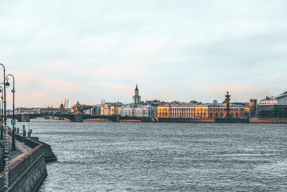 Rostral Columns on the spit of Vasilievsky island. Saint Petersburg. Russia.