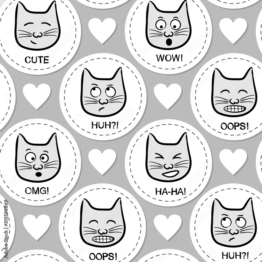 Seamless vector pattern with cute cat icons. Background in white and gray colors. Emotions of cats on a white circles. Template wrapping paper on the theme of love, wedding and Valentine's day.