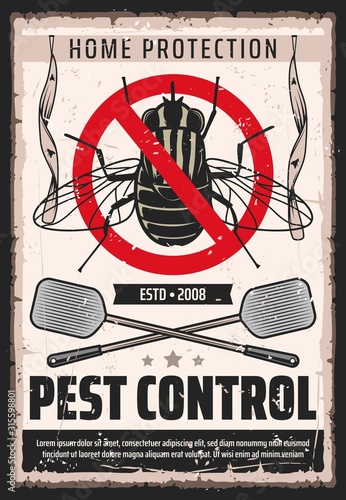 Fly insects pest control service, domestic bugs and moths extermination and home disinsection vintage retro poster. Vector flies fumigation, flypaper and swatter pest control and disinsection