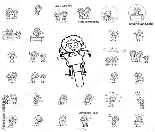 Comic Retro Old Granny - Set of Concepts Vector illustrations