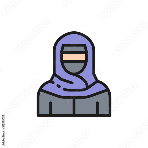 Muslim woman in niqab, traditional arabic dress flat color line icon.