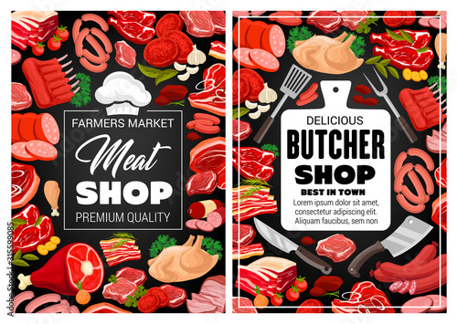 Meat pork and beef, butcher shop food and sausages poster. Vector farm market butchery products lamb and beefsteak or ham and bacon, filet and mutton ribs barbecue, salami and cervelat sausages