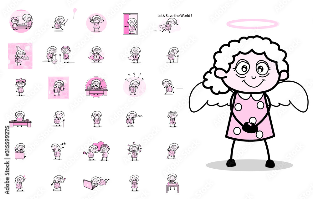 Many Comic Old Granny - Set of Concepts Vector illustrations Many Comic Old Granny - Set of Concepts Vector illustrations