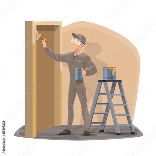 Painter man with paintbrush painting home wall and door. Vector house interior design and renovation service, handyman in uniform and protective glasses with paint bucket on ladder decorating room