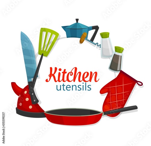 Kitchenware utensils, cooking items and cookware. Vector tea pot, frying pan with spatula and cutlery knife, cook glove and coffeemaker, salt or pepper shaker and corkscrew, cooking school poster