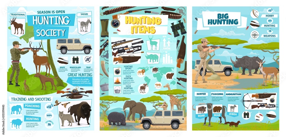 Hunting equipment and hunt animals infographic diagrams and information  statistics. Vector African safari hunt wild animals and hunter ammo, open  season trophy shooting training club Stock Vector | Adobe Stock