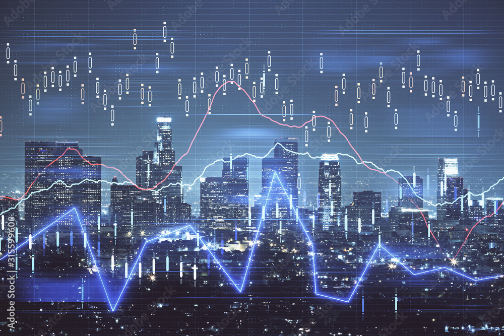 Forex chart on cityscape with tall buildings background multi exposure. Financial research concept. Forex chart on cityscape with tall buildings background multi exposure. Financial research concept.