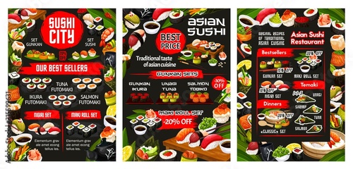 Japanese sushi bar menu, Asian cuisine food and sashimi rolls buffet. Vector California roll and Philadelphia sushi, temaki and gunkan, fish and seafood futomaki with shrimp tempura and wasabi