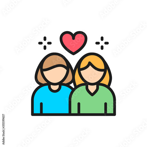 Lesbian couple, non traditional love flat color line icon.