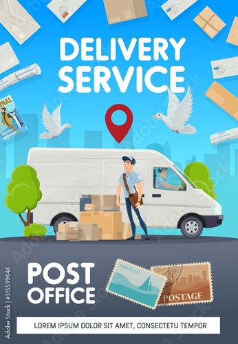 Mail delivery, post office logistics and courier service. Vector post office mailman with newspapers, journals and magazines mail delivery, letter envelopes and mailbox with postage stamp