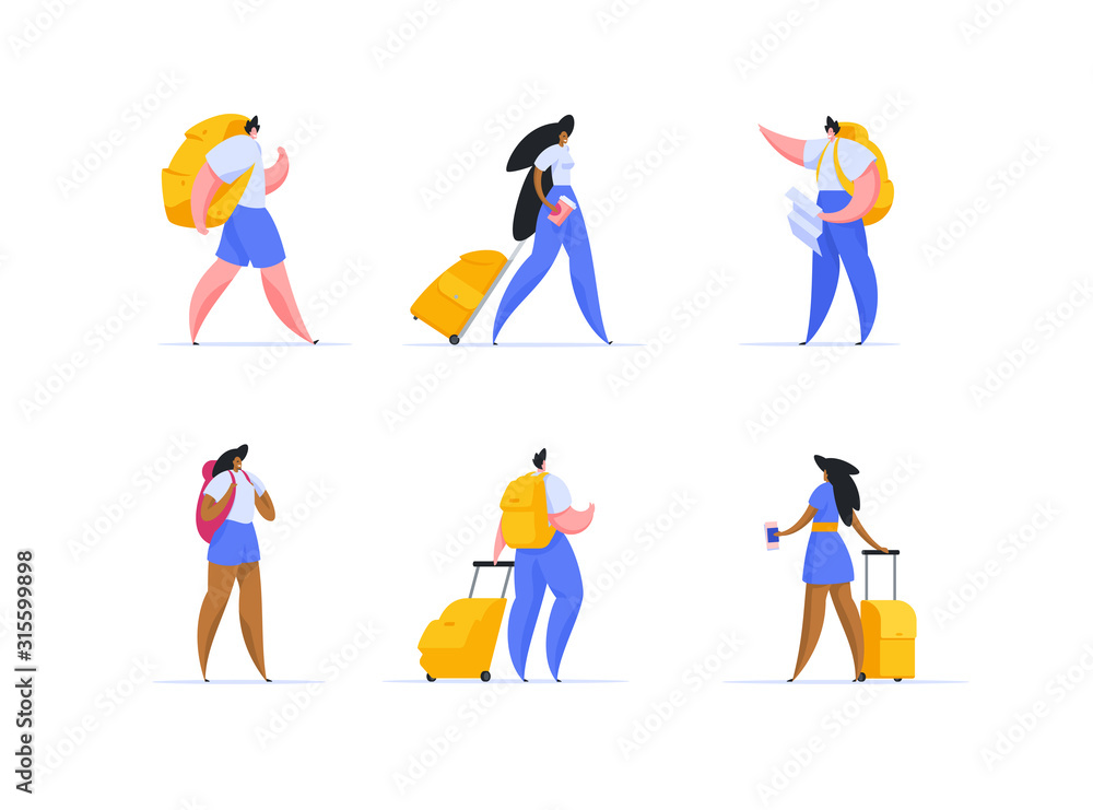 Travelling and journey flat vector illustrations set public transport trip Travelling and journey flat vector illustrations set public transport trip