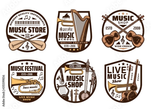Music instruments, live concert and folk band festival, sound equipment shop icons. Vector music instruments, orchestra harp, rock electric guitar and jazz saxophone, classical harp and trumpet