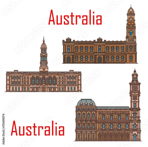 Australia architecture, Adelaide and Melbourne municipal city buildings and historic landmarks. Vector Adelaide town hall and Melbourne general post office detailed facades
