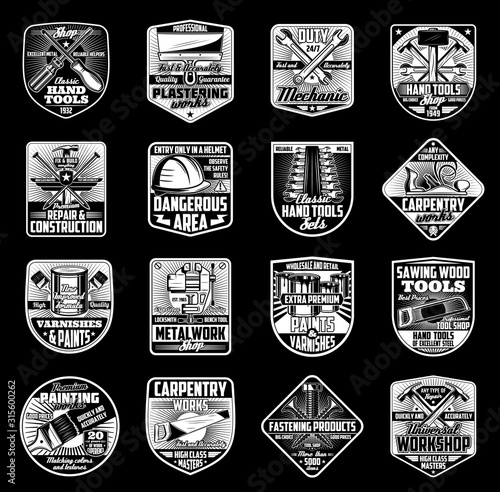 Home remodeling, renovation and house repair service icons. Vector construction, metalwork and woodwork handyman mechanic service, carpentry fastening tools, varnish paints shop, dangerous area sign