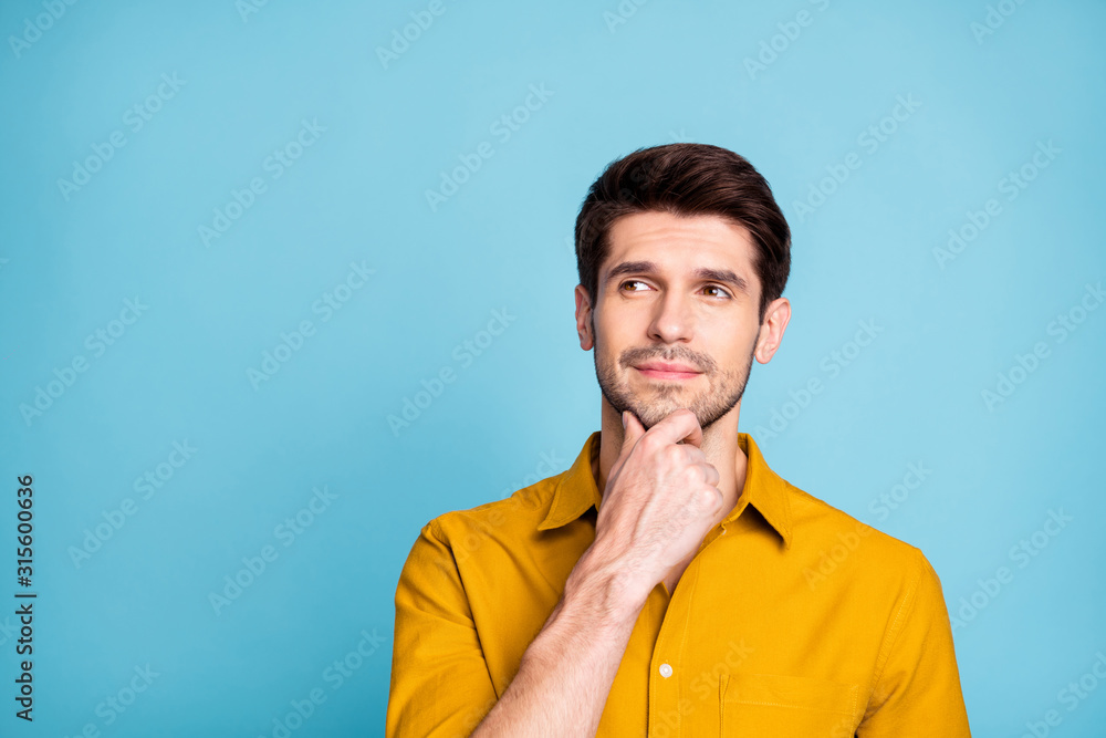Photo of pondering pensive thoughtful guy staring into empty space in search of answers isolated over pastel pastel color background Photo of pondering pensive thoughtful guy staring into empty space in search of answers isolated over pastel pastel color background