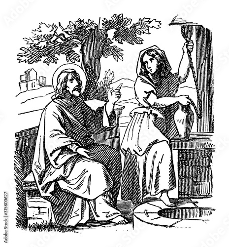 Vintage drawing or engraving of biblical story of Jesus talks with Samaritan woman near well. Bible, New Testament,John 4. Biblische Geschichte , Germany 1859.