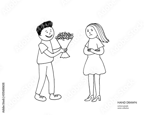 Young offended girl refuses from flowers from her boyfriend after quarrel, conflict, argument. Boy giving flowers to a girl. Cartoon hand drawn relationship sketch