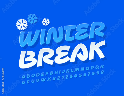 Vector Bright Emblem Winter Break. Set of handmade sticker style Alphabet Letters and Numbers. Stylish Blue Font.