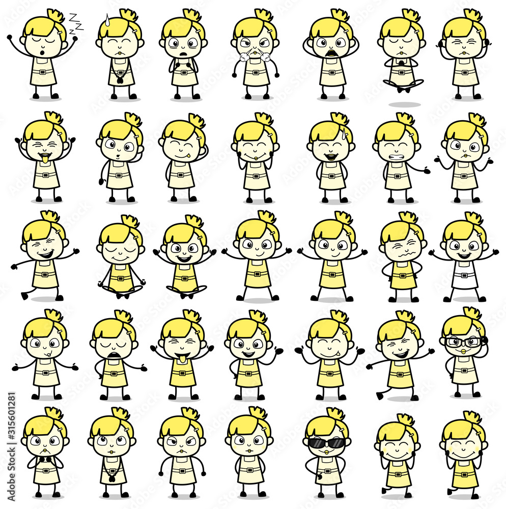 Various Poses of Young Cartoon Girl - Set of Concepts Vector illustrations Various Poses of Young Cartoon Girl - Set of Concepts Vector illustrations