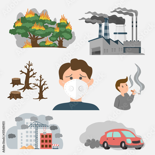Air pollution in town source. example toxic from factory , Forest fires and people in the city. vector illustration
