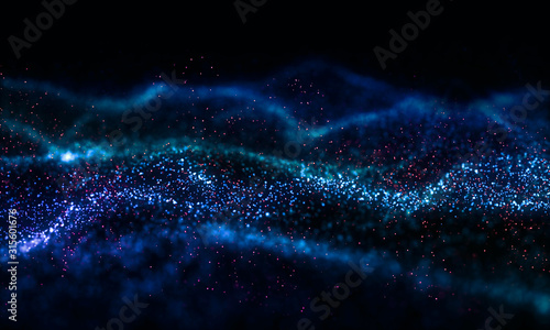 Abstract digital colorful circle particle, glitter in cyan and violet color on black background. 3D illustration