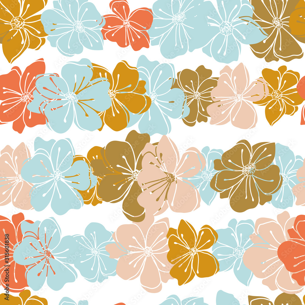 Anemone or windflower poppies flowers background. Floral vector seamless pattern with hand drawn elements in pastel colores.