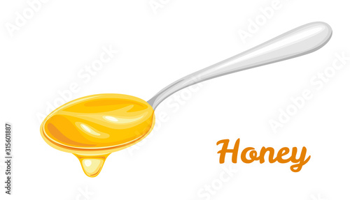 Honey in a spoon Isolated on a white background. Vector illustration of healthy organic sweets in cartoon flat style.