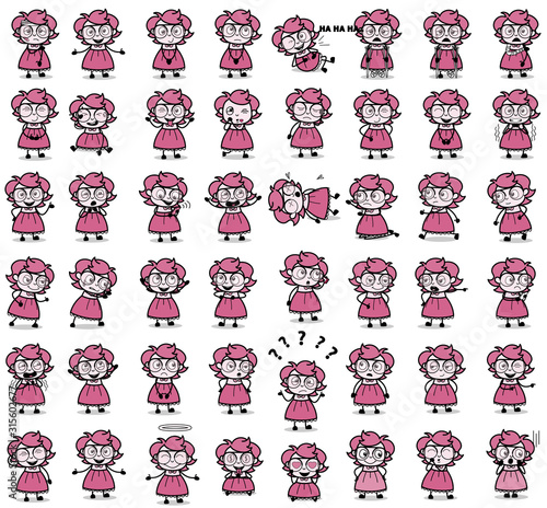 Comic Intelligent Girl Poses - Set of Vintage Concepts Vector illustrations