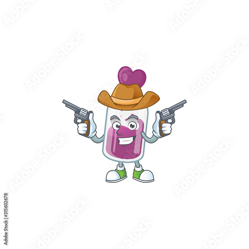 Confident purple potion Cowboy cartoon character holding guns