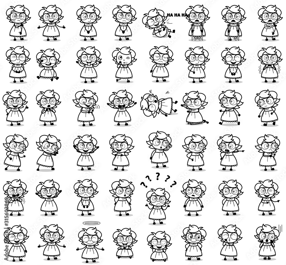 Cartoon Retro Intelligent Girl Poses - Set of Concepts Vector illustrations Cartoon Retro Intelligent Girl Poses - Set of Concepts Vector illustrations