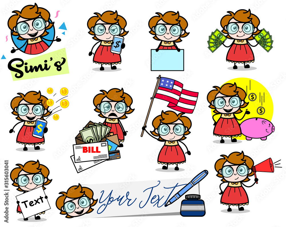 Various Cartoon Intelligent Girl Character - Different Concepts Vector illustrations Various Cartoon Intelligent Girl Character - Different Concepts Vector illustrations