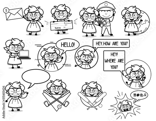 Retro Cartoon Intelligent Girl Character - Set of Concepts Vector illustrations