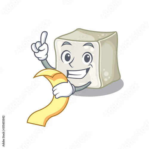 A funny cartoon character of sugar cube with a menu